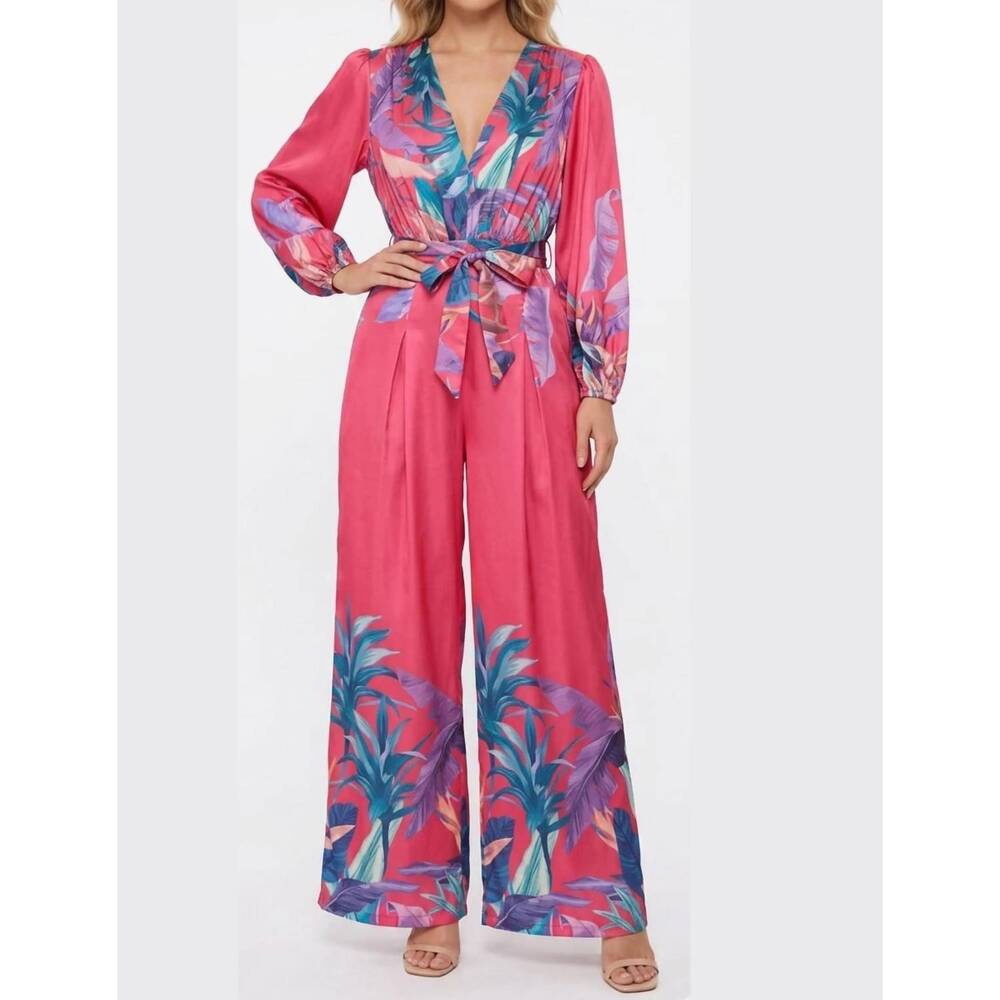 NEW CHICWAYS botanical long-sleeve wide-leg jumpsuit in rose